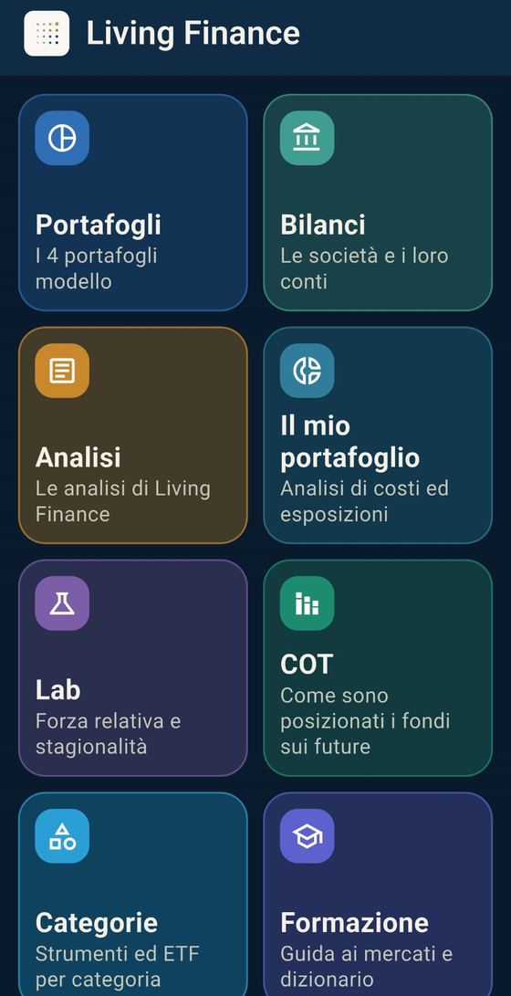 Schermata principale dell'app Living Finance con tutte le sezioni