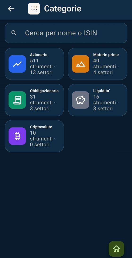 Schermata reale dell'app: categorie di strumenti con ricerca per nome o ISIN
