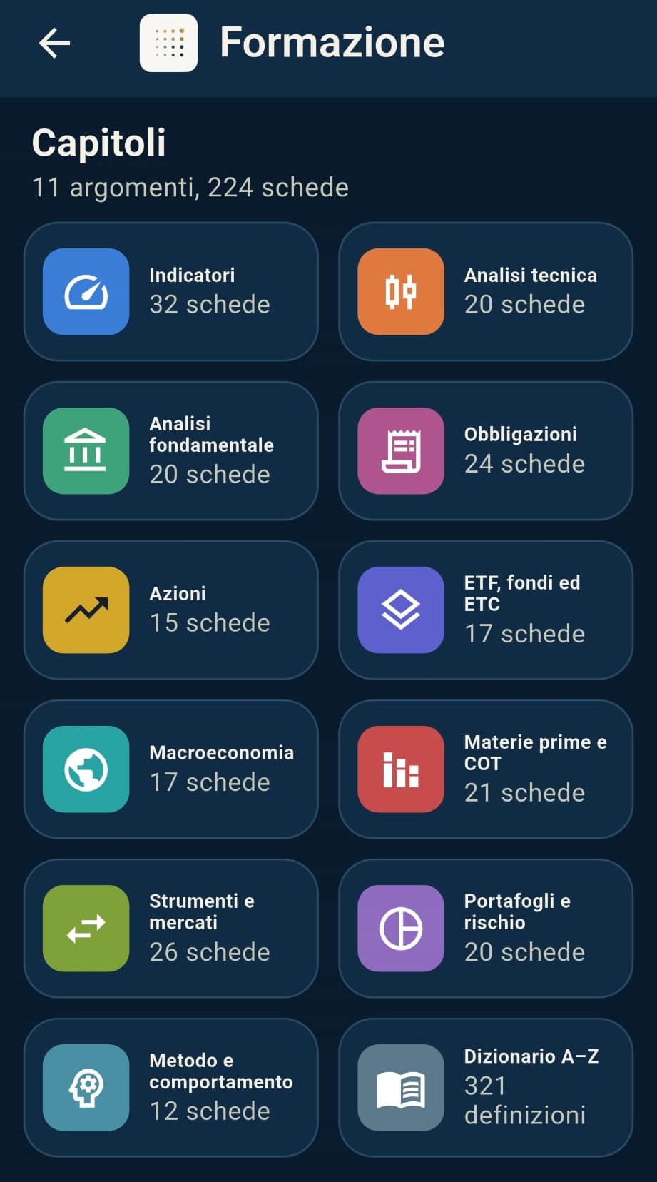 Schermata reale dell'app: la sezione Formazione con i capitoli e il numero di schede
